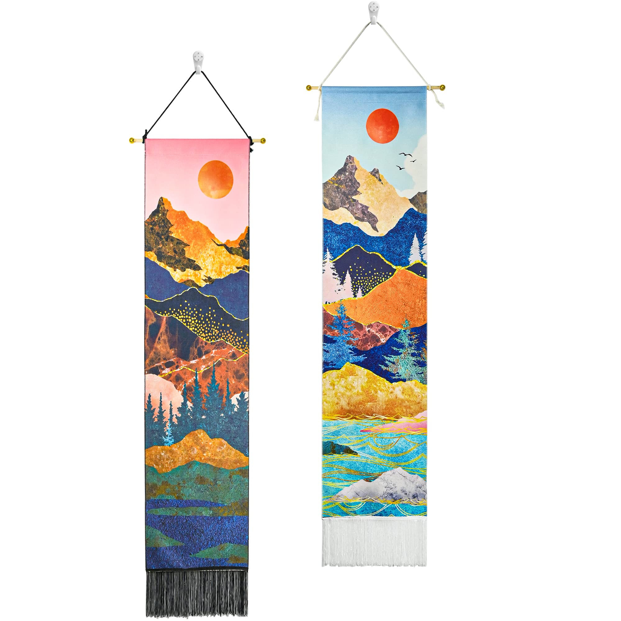 2Pcs Mountain Wall Hanging, Sunrise and Sunset Tapestry with Tassels, Forest Tree Tapestries for Home Decorations Bedroom Dorm (130cm*32.5cm)