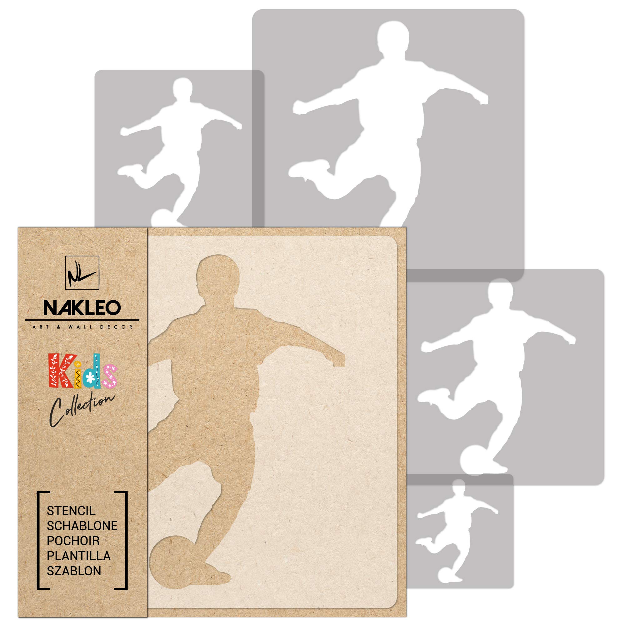 NAKLEO Painting Stencils Set for Nursery Room, 5 Pcs Templates 9x9 to 34x34cm Footballer Soccer Sport, Plastic and Reusable Drawing Stencils, Decor, Craft DIY Wall Furniture