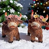 LEAESMHR Highland Cow Figurines with Flowers, Set of 2 Resin Highland Cow Statues for Spring Farmhouse Decor, Brown Highland Cattle Miniatures, Small Animal Figurines for Home, Office Decor