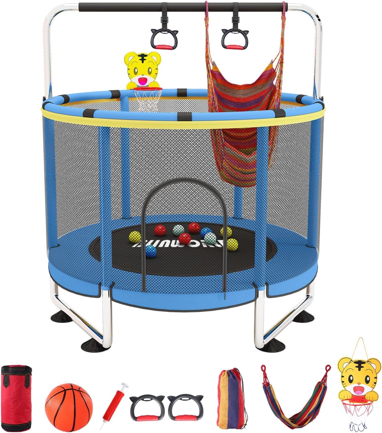 Photo 1 of **PARTS ONLY/TORN**BLINWORLD Trampoline for Kids, 55 Inch Adjustable Baby Toddler Trampoline with Basketball Hoop, 440lbs Indoor Outdoor Toddler with Enclosure (Blue)