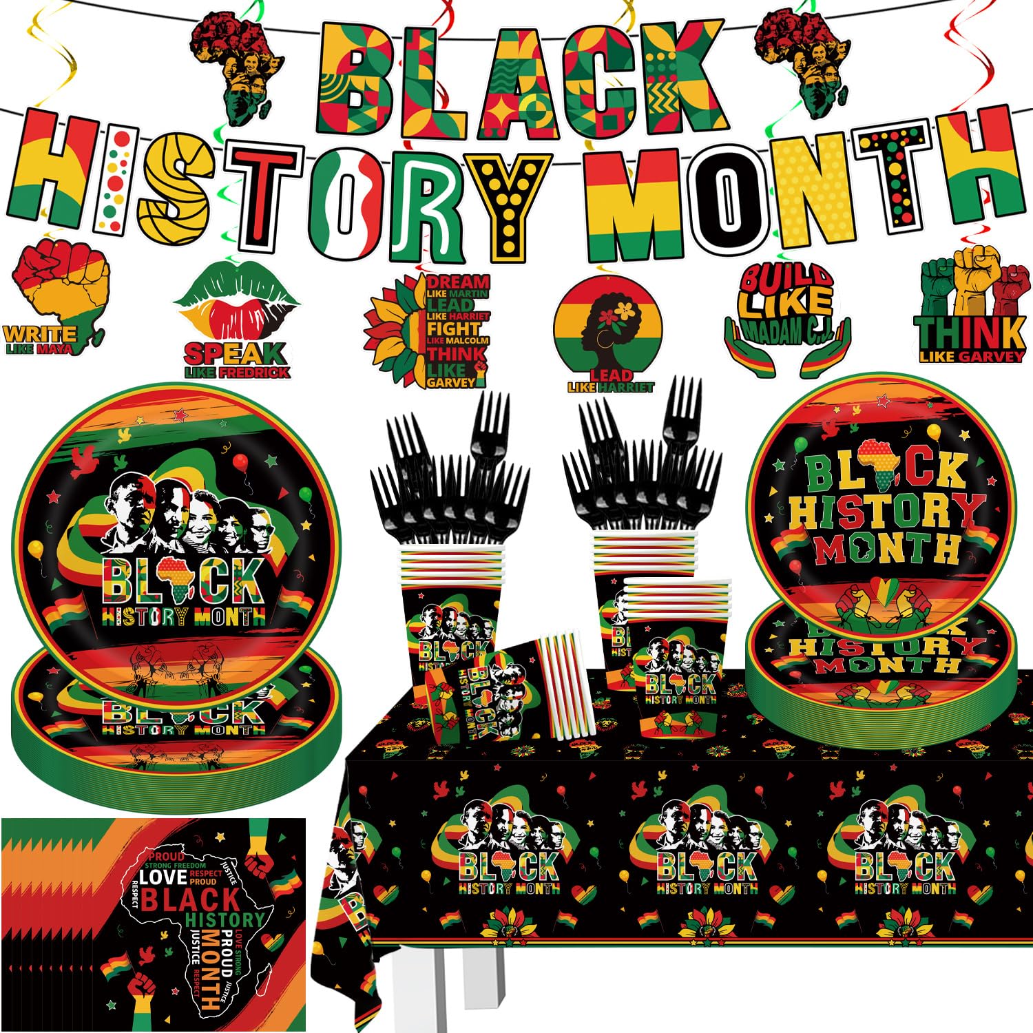 Photo 1 of 108pcs Black History Month Decorations Tableware Set for 20 Guests Include Banner,Hanging Swirls,Paper Plates of 2 Size, Paper Cups and Napkins,Plastic Forks and Waterproof Tablecloth
