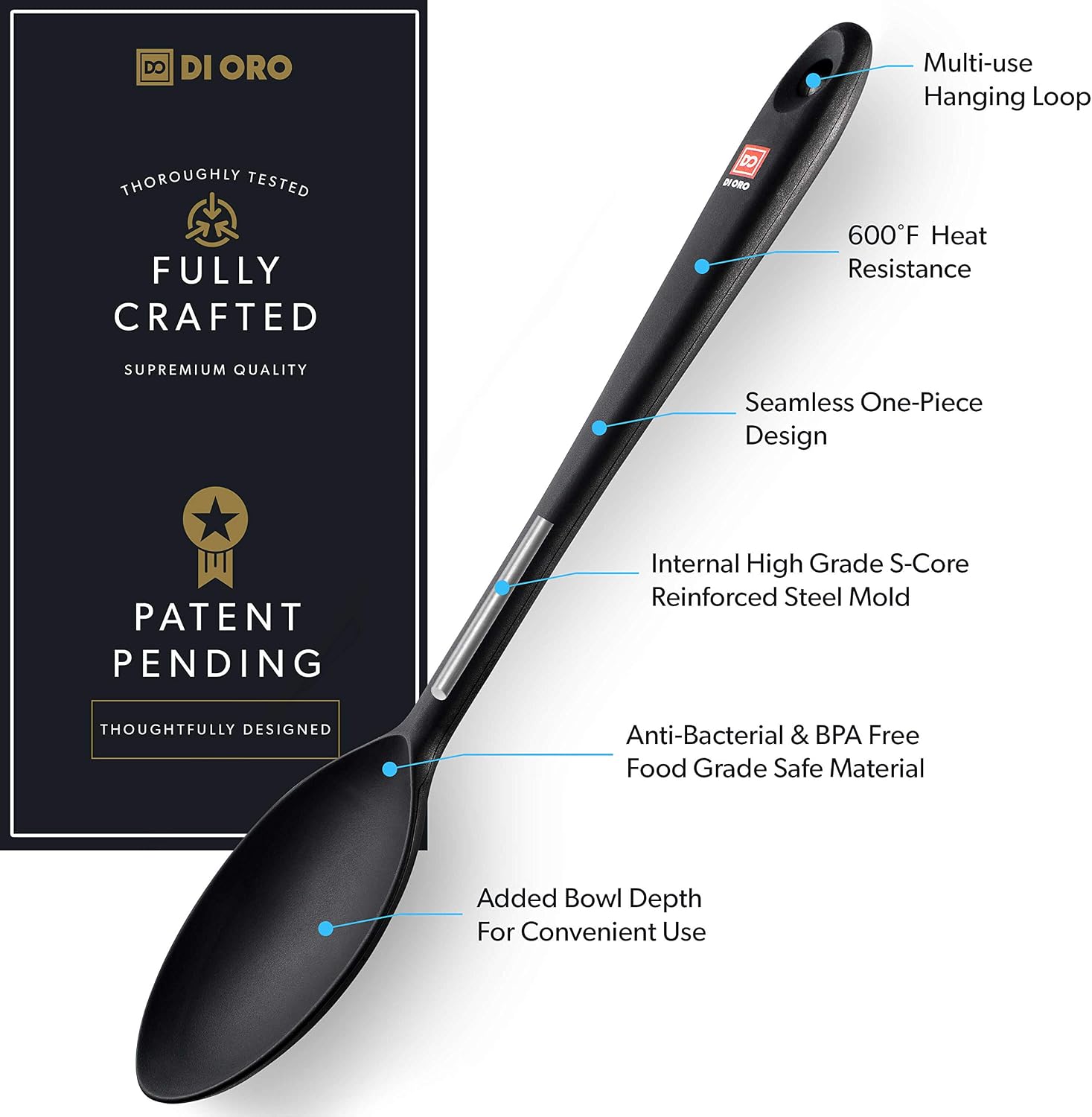 DI ORO® Seamless Series Solid Silicone Spoon, 315°C Heat-Resistant Rubber Non-Stick Kitchen Utensil for Mixing Serving - Image 5