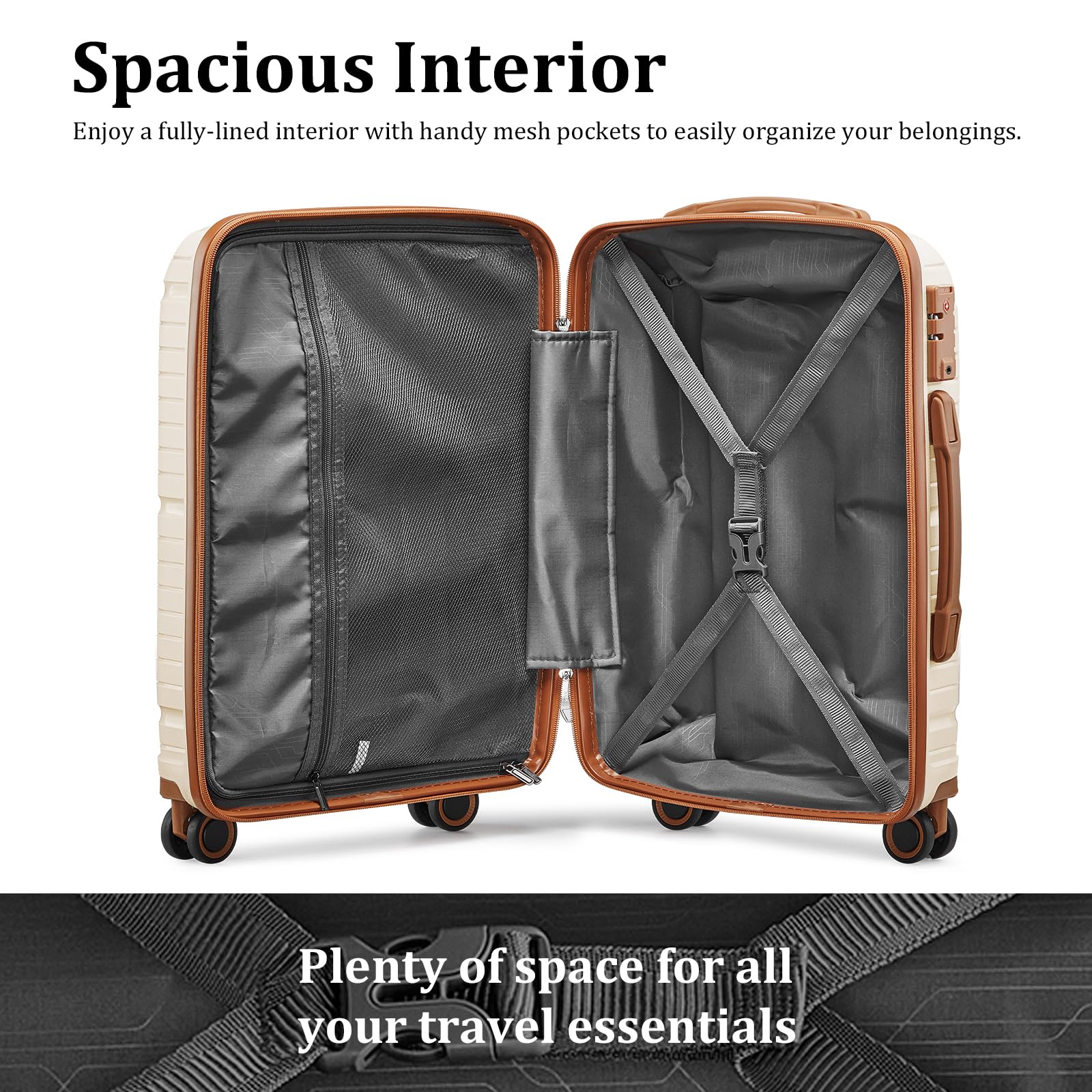 Joyway Luggage Sets 5 Piece PP Hardshell Carry on Suitcase, Travel Lightweight Carry-on with Double Spinner Wheels and TSA Lock, Beige Brown