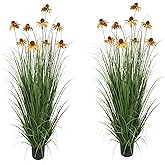 ECOFOREST 46" UV Resistant Artificial Grass Plant with 9 Realistic Yellow Echinacea Flowers - Indoor/Outdoor Fake Plants for Patio, Living Room, Porch Decor - All Weather Faux Floor Plant 2-Pack