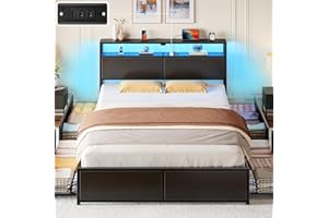 Rolanstar Full Size Bed Frame with 4 Storage Drawers, Charging Station and LED Lights, Metal Platform Bed with 2-Tier Storage Headboard, No Box Spring Needed, Easy Assembly, Noise-Free, Black