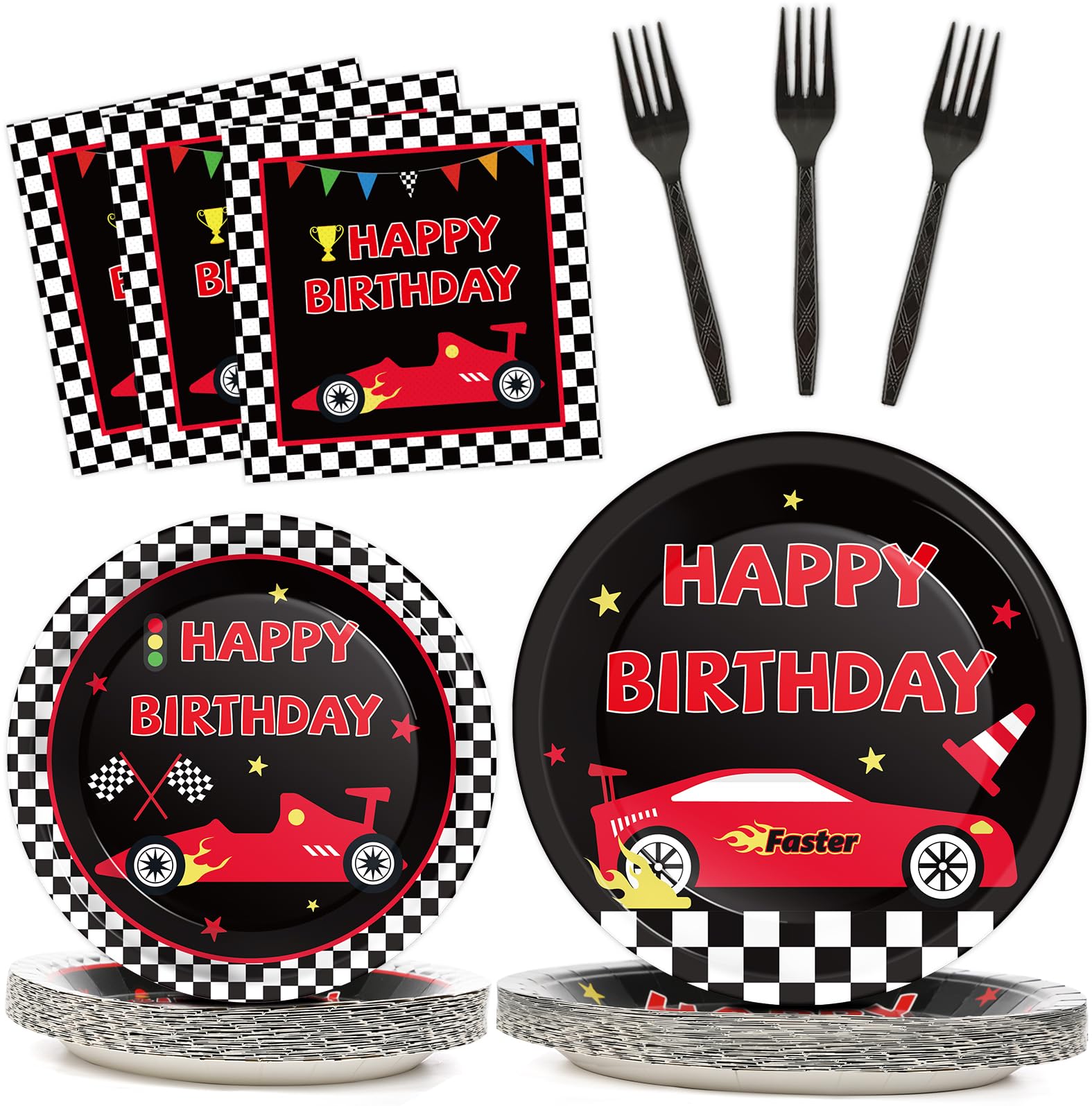 Photo 1 of 100 Pcs Race Car Party Plates and Napkins Set Racing Car Birthday Party Decorations Racing Party Supplies Race Car Tableware Racing Themed Party Favors for Boys Birthday Party Decorations Serves 25