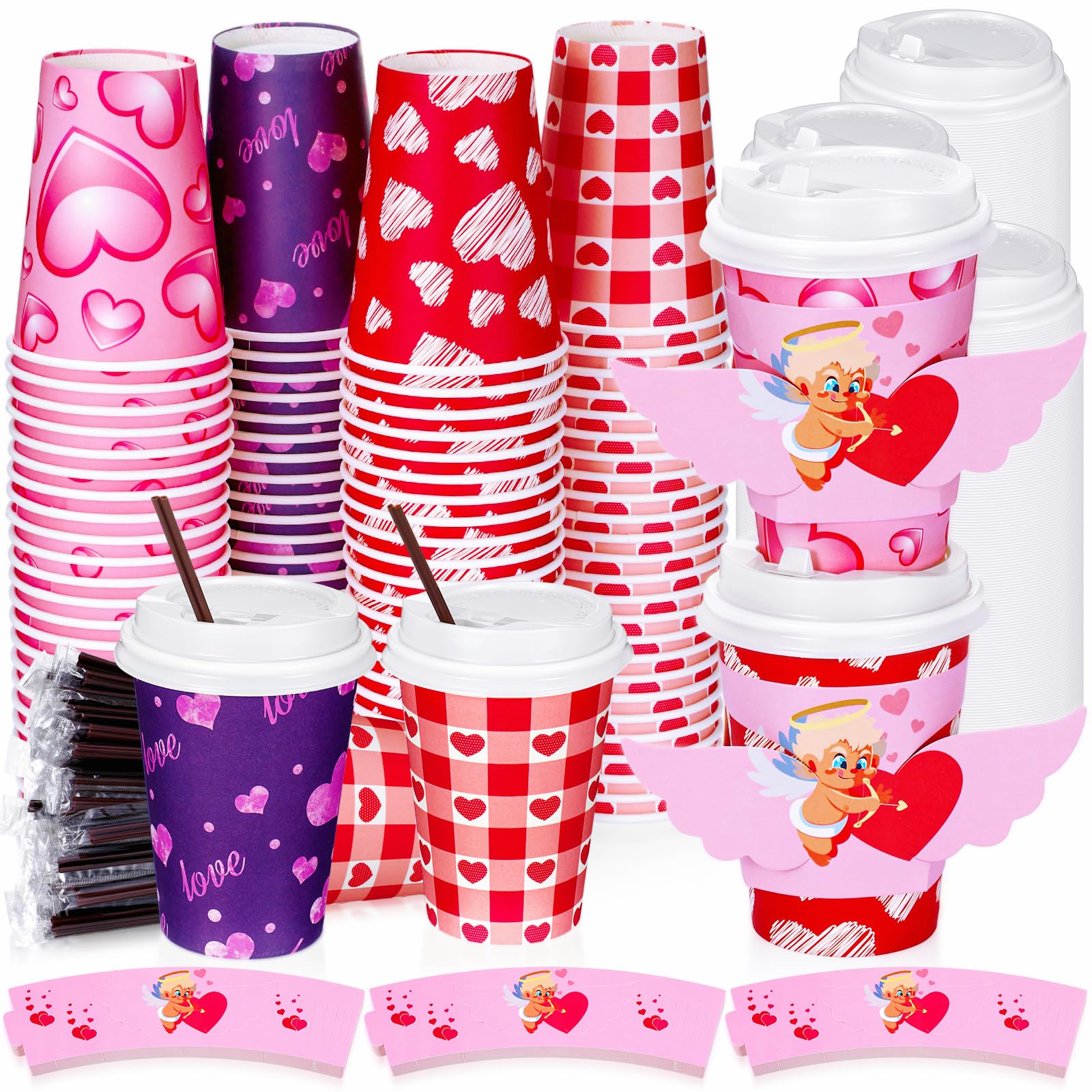 Photo 1 of Lallisa 100 Sets Valentine's Disposable Coffee Paper Cups with Lids and Straws, 12 oz for Hot Cocoa Tea, Holiday Party Supplies (Lovely Love Design)