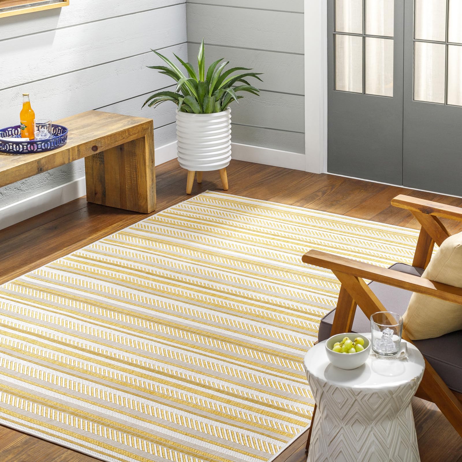Livabliss Kavita Ibiza Indoor Outdoor Floor Covering 130x180 cm – Boho Pattern for Living Room, Dining & Kitchen, Waterproof & Stain-Resistant, Mustard & Ivory