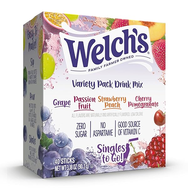 WELCH’S SINGLES TO GO VARIETY PACK, WATERTOK POWDERED DRINK MIX, INCLUDES 4 FLAVORS, GRAPE, PASSION FRUIT, STRAWBERRY PEACH, CHERRY POMEGRANATE, 1 BOX (40 SERVINGS)