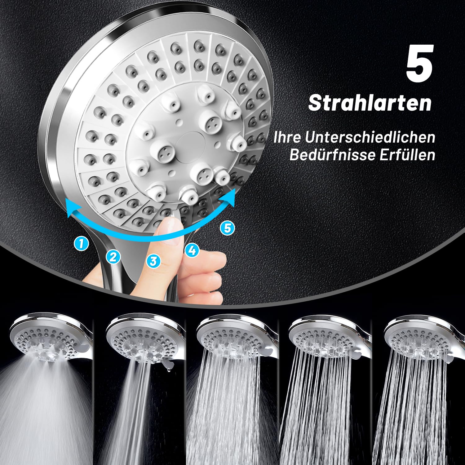 VEHHE Duschkopf mit Schlauch 1,5m, Chrome 5 Strahlarten Duschbrause, Hochdruck Dusche Sparduschkopf, Wassersparend Handbrause für Erwachsene Kinder Hausetiere 2