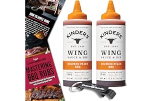 Kinder’s Bourbon Peach BBQ Wing Sauce & Dip 2 PK Choice Bundle (31 oz) Great to Dip Toss Glaze & More + Barbecue Guide & Keychain Bottle Opener (4 Items)!