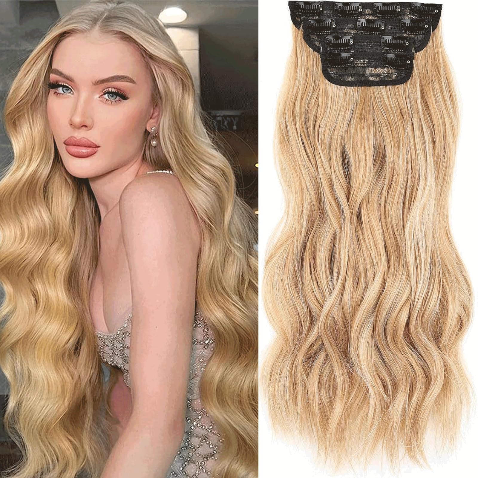 Xtrend 20Inch Long Wavy Hair Extensions curly hair extension bleach blonde Synthetic Hair pieces for Women Girls 4PCS Full Head Set Thick Curly Wavy Synthetic Hair Extensions(Mixed blonde) — image 1
