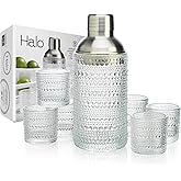 Glaver's Cocktail Shaker Set, Glass 15.2 oz Shaker, 6 Hobnail Shot Glasses, Stainless Steel Strainer Cap,Glass Shaker Set for Bars. Dishwasher Safe