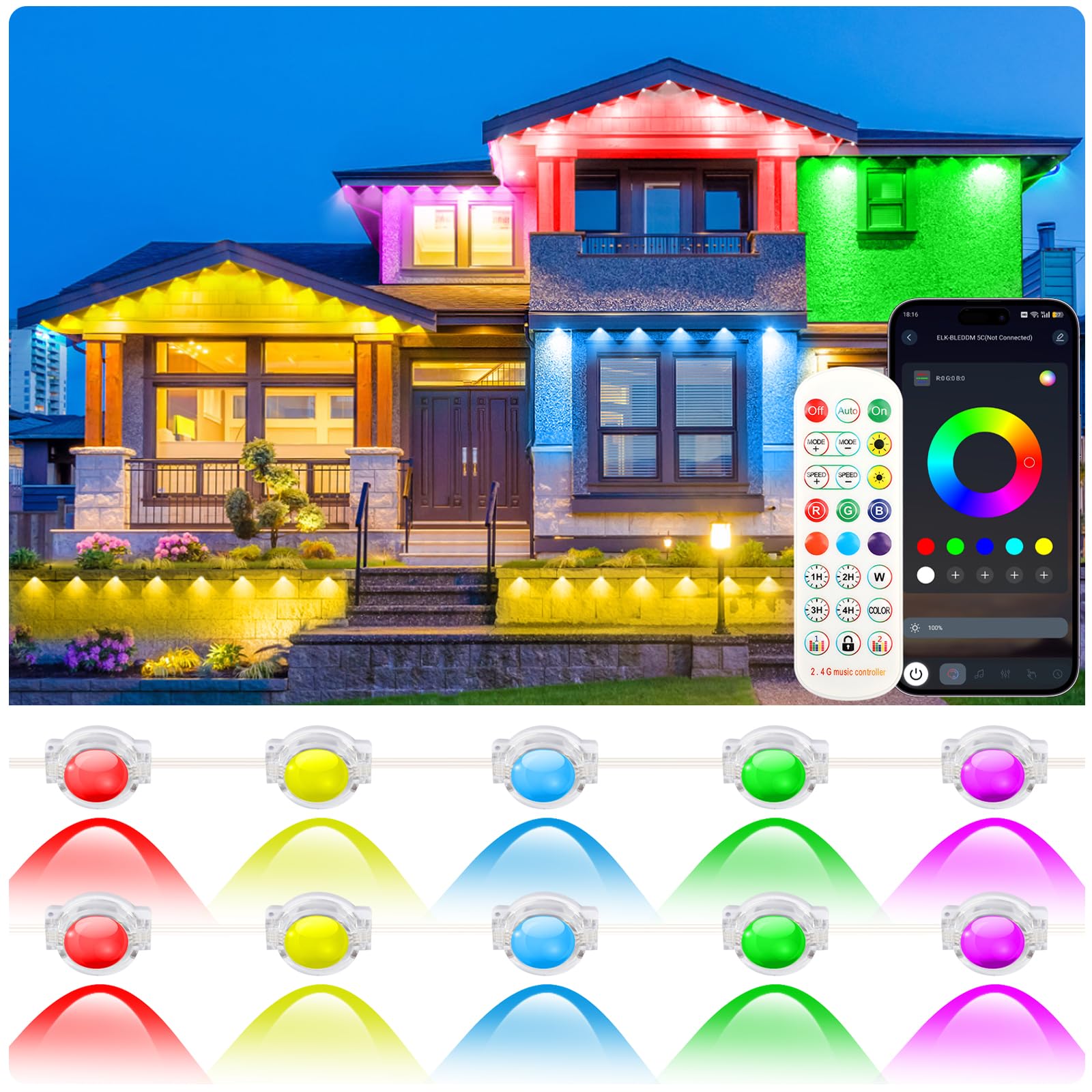 Photo 1 of 200FT Permanent Outdoor Lights for House, RGB LED Eave Lights with APP/Remote Control, Music Sync & DIY Scenes, IP67 Waterproof Outdoor House Light for Christmas, Halloween, Party, Holiday, Daily