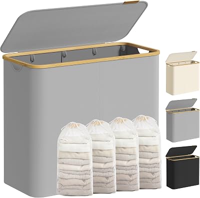 SONGMICS 200 L Laundry Basket with Lid 4-Section Large Collapsible Dove Grey