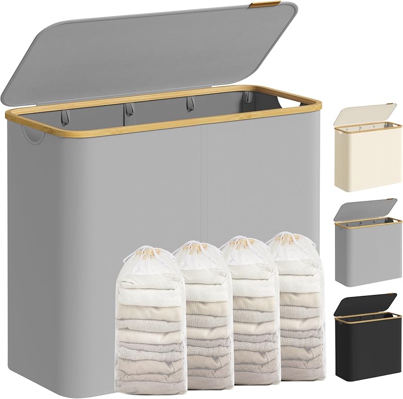 SONGMICS 200 L Laundry Basket with Lid 4-Section Large Collapsible Dove Grey