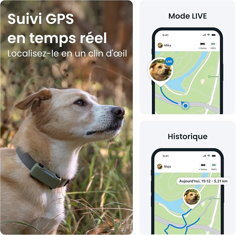 – Collier GPS Chien Connecté, Bundle avec Coque Olive | Édition 2025 | Localisation GPS en Direct | Alertes Anti-fugue et de Santé | Moniteur de Signes Vitaux | Leader du Marché (Noir)