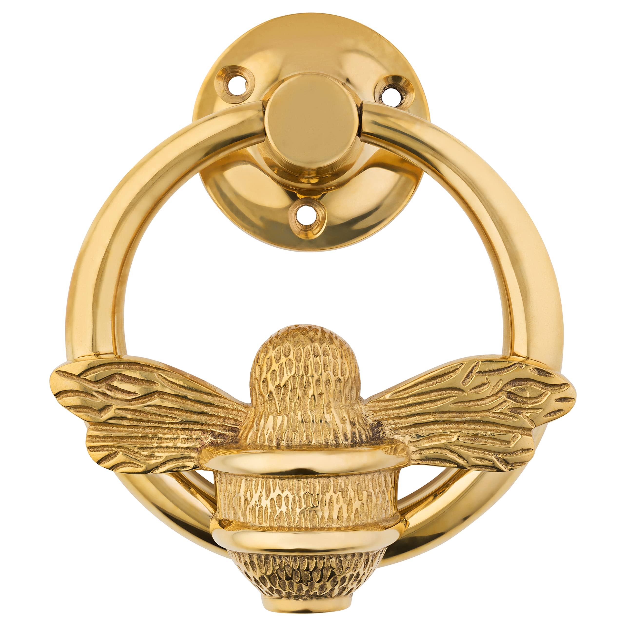 Gold Bee Door Knocker for Front Door | Polished Solid Brass Bee Ring | Gold Brass Knockers with Strike Plate | UPVC | Bumblebee Front Door Furniture with a Unique Design