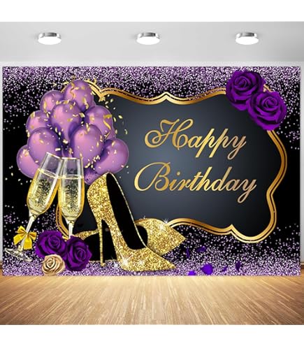 Black & Gold Happy Birthday Backdrop For Women | Sequin High Heel Champagne Purple Theme 7x5ft