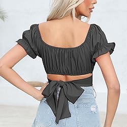 COOUFE Women's Crop Tops Ruffle Short Sleeve Tie