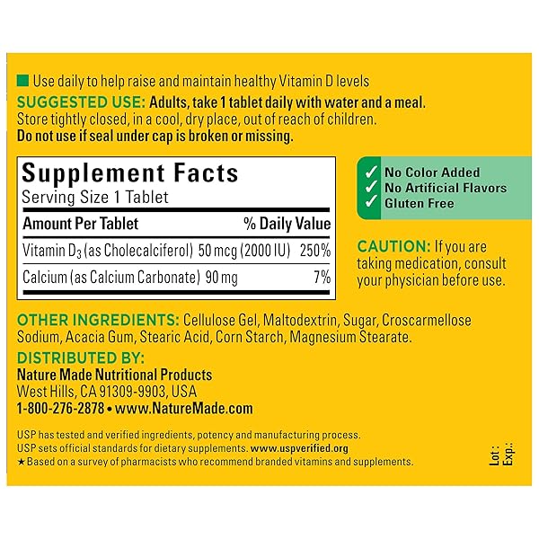 NATURE MADE VITAMIN D3 2000 IU (50 MCG), DIETARY SUPPLEMENT FOR BONE, TEETH, MUSCLE AND IMMUNE HEALTH SUPPORT, 220 TABLETS, 220 DAY SUPPLY