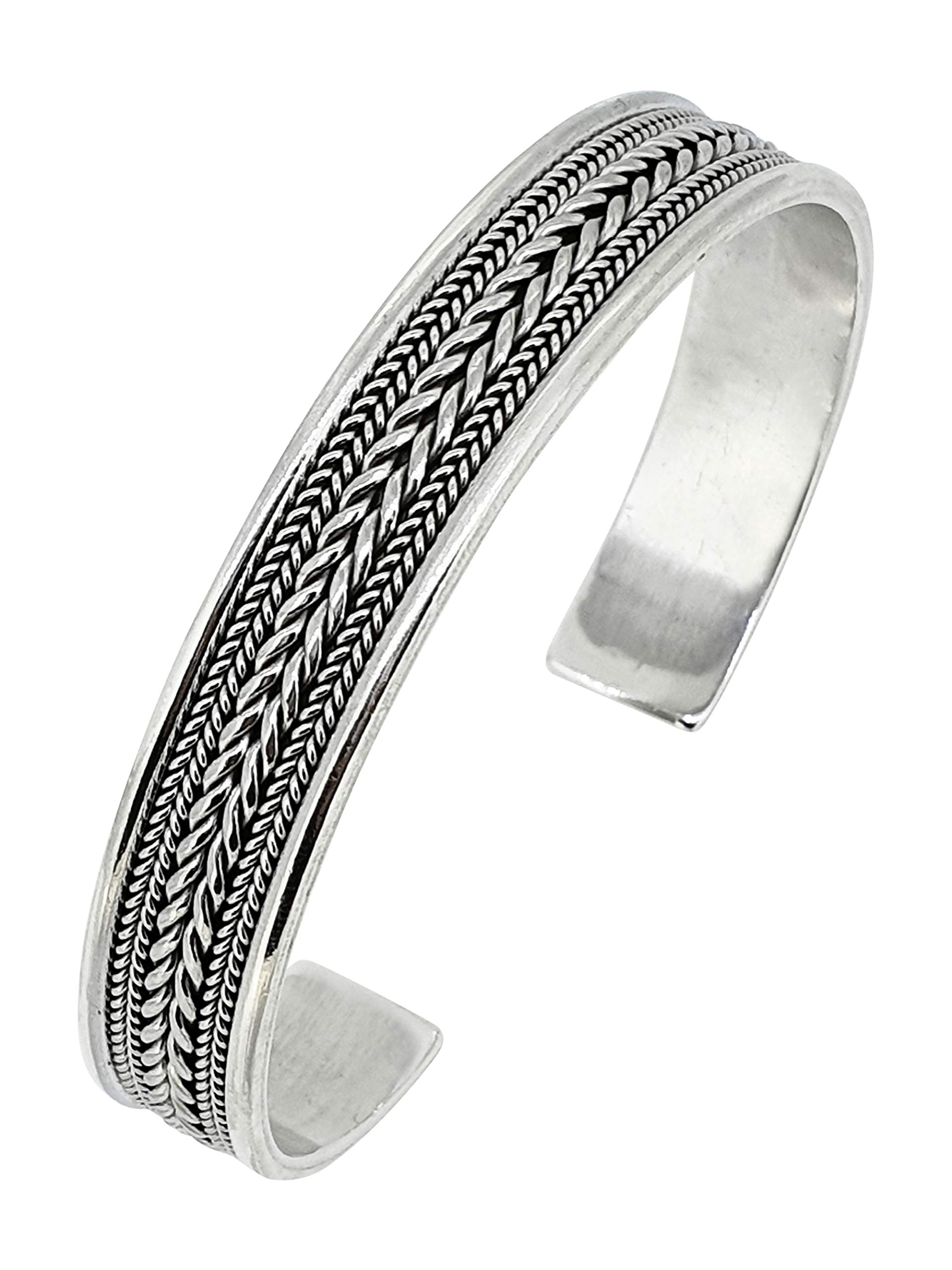 Treasure Bay Mens, Womens Solid 925 Sterling Silver Bangle Bracelet With Chain Detail
