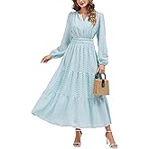 Kormei Womens Boho Fall Maxi Dress Long Sleeve V Neck Empire Waist Flowy A Line Tiered Wedding Guest Dresses with Pockets