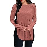 COCCKO Womens Long Sleeve T Shirts Fall Fashion 2025 Crew Neck Pleated Side Split Tunic Tops To Wear With Leggings