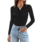 Rapbin Women's V Neck Long Sleeve Ribbed Knit Pullover Sweater Slim Fitted Casual Basic Tee Tops