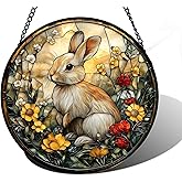 DASTOLL Stained Glass Window Hanging - Rabbit Flowers Suncatcher Ready to Hang Window Doors Home Decoration, Easter, Mother's Day Birthday Gifts for Women, Men, and Mom 7.8x7.8 in