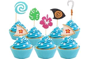 JeVenis 30 Pcs Glittery Moana Inspired Cupcake Toppers Moana Cake Toppers Hawaiian Birthday Party Decoration for Tropical Luau Summer Party Baby Shower Wedding