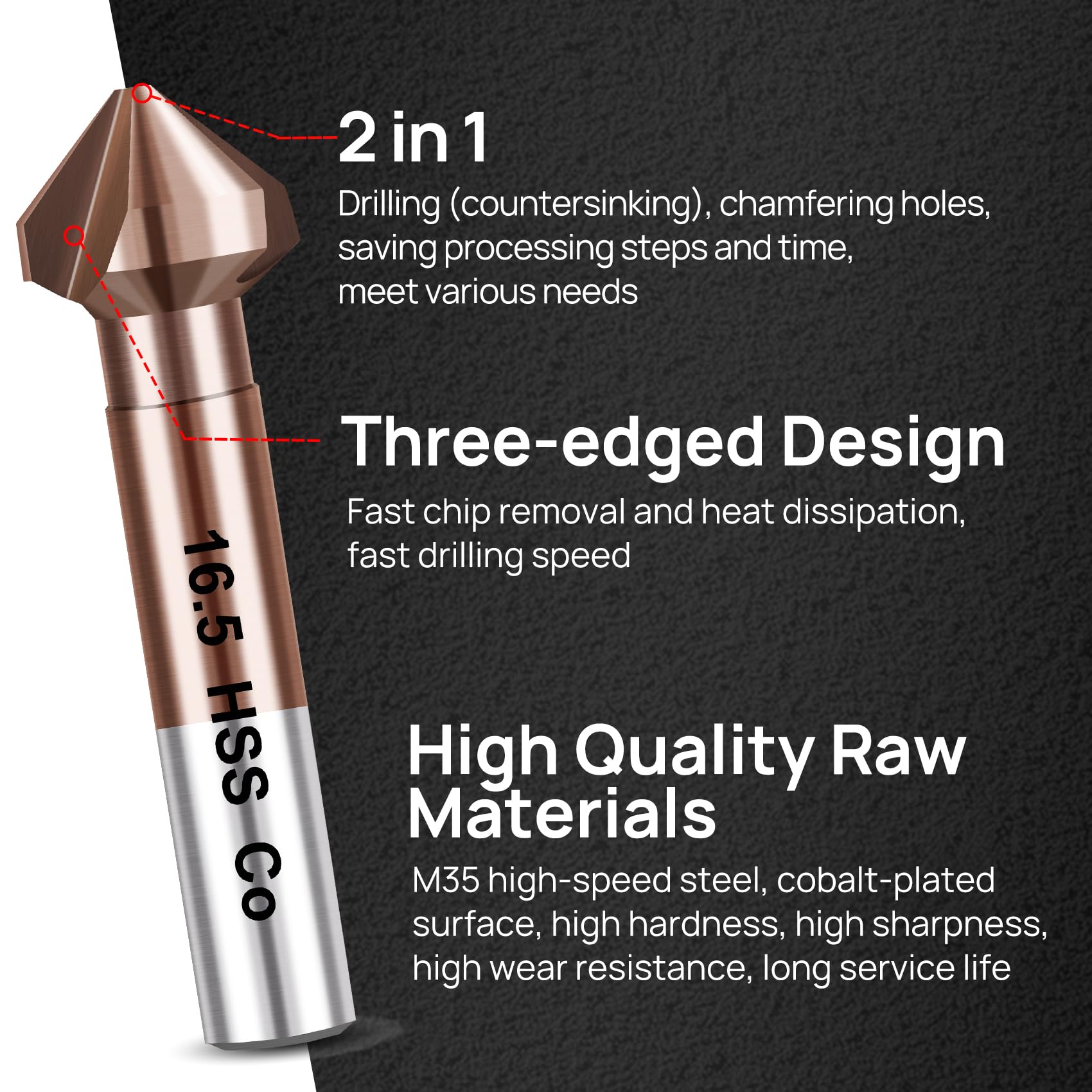 FOCSTOL Kegelsenker Bohrer HSS Set - 90° Kobalt Senker Bohrer Set mit Rundschaft für Edelstahl Kupfer Aluminium Holz Kunststoff 6 Stück (6,3/8,3/10,4/12,4/16,5/20,5mm) 3