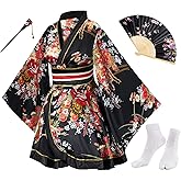 Japanese Anime Women's Dance Kimono Robe Fancy Dress Hand Held Silk Folding Fans Tabi Hairstick Socks Set