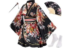 ELIBELLE Japanese Anime Women's Dance Kimono Robe Fancy Dress Hand Held Silk Folding Fans Tabi Hairstick Socks Set