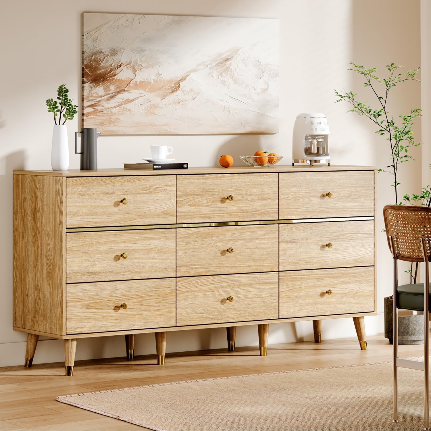 Photo 1 of    ******(HAS BEN USED!!!!!Chrangmay 9 Drawer Dresser,63" Wide Mid Century Modern Chest of Drawers,Wooden Bedroom Drawer Dresser with 9 Storage Drawers for Bedroom, Living Room,with Anti-Tipping Device,Natural