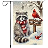 Winter Garden Flag 12x18 Inch Double Sided Burlap Welcome Raccoon Cardinal Snow Outdoor Yard Decoration Small Seasonal Christmas Holiday Farmhouse Porch Flag