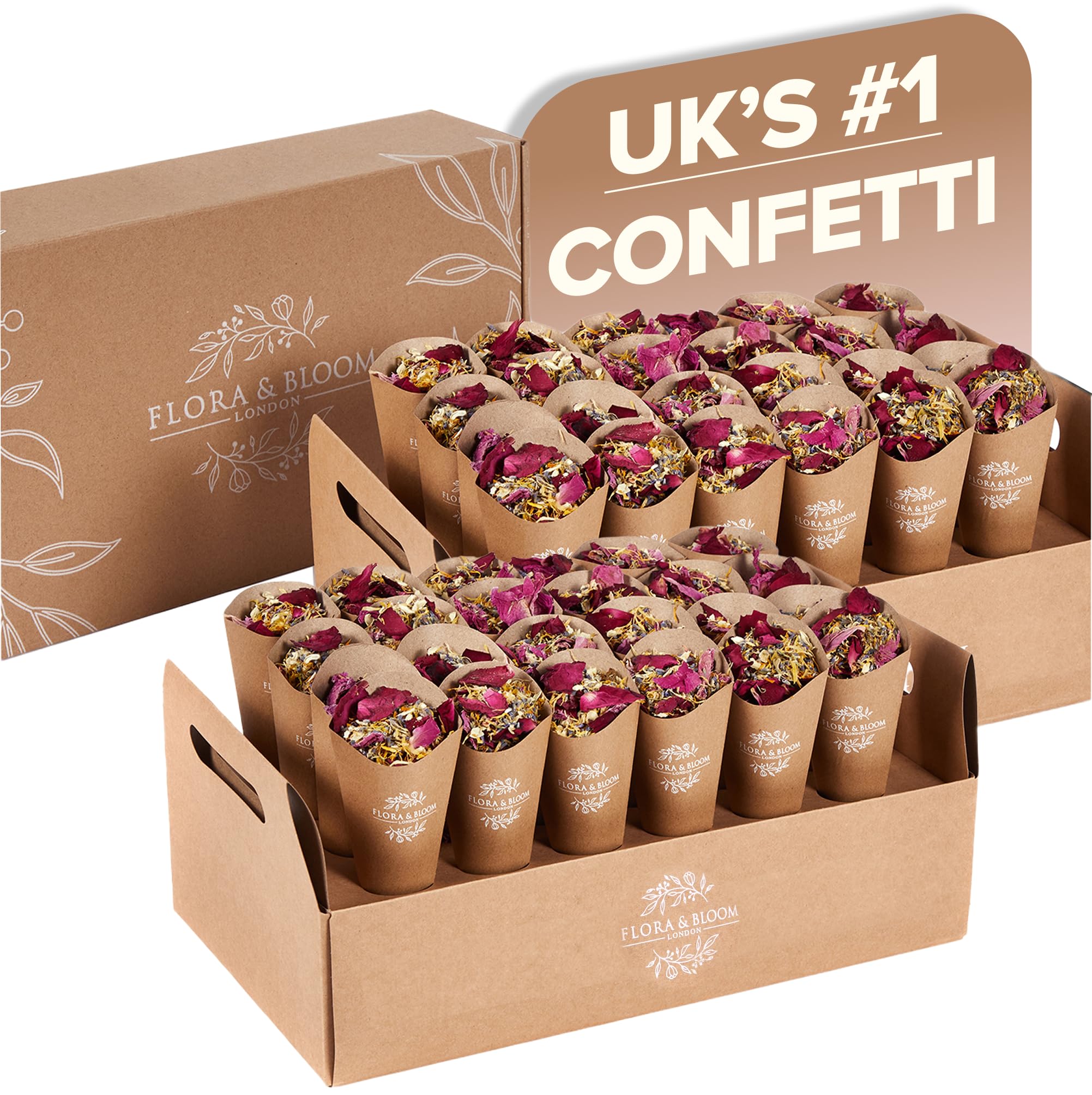 Flora & Bloom Biodegradable Confetti With Pre Built Cones | Dried Flowers (6 Litres) | Wedding Confetti Kit | Pop Open Cones & Tray |Jasmine, Lavender & Rose Petals | Wedding Decorations (48 Guests)