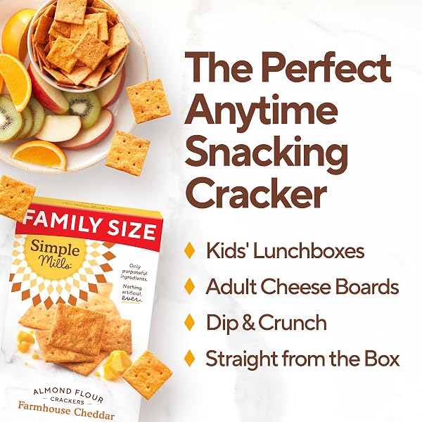 SIMPLE MILLS FARMHOUSE CHEDDAR ALMOND FLOUR CRACKERS, GLUTEN FREE CRACKERS MADE WITH REAL CHEESE AND WHOLESOME BLEND OF ALMONDS, SUNFLOWER SEEDS, AND FLAXSEEDS, FAMILY SIZE, 1 PACK, 7 OZ