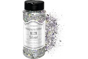 JEMESI Holographic Chunky Glitter, 100g Silver Cosmetic Craft Glitter for Epoxy Resin, Nail Sequins Iridescent Flakes, Body, Face, Hair, Nail, Glitter Slime Making