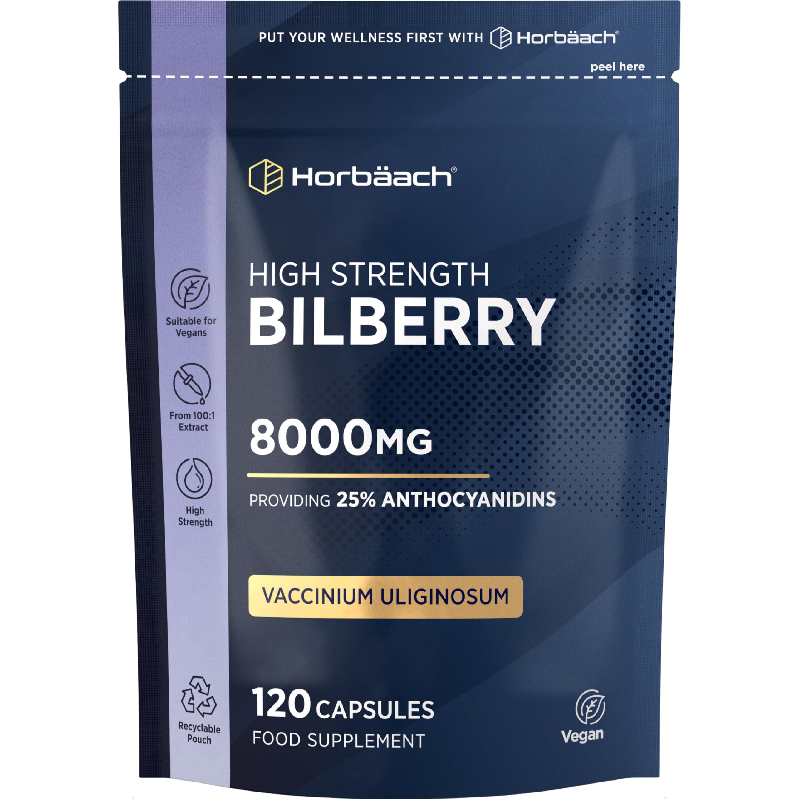 Bilberry Extract 8,000mg | High Strength 25% Anthocyanidins | 120 Vegan Capsules | Vaccinium Uliginosum | Resealable & Recyclable Pouch | Horbaach