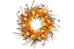 PODAFU Fall Wreath 22 Inches Autumn Wreaths for Front Door Orange Daisy Wreath with Grain Ears for Indoor Outside Door Thanksgiving Day Harvest Festival Celebrations