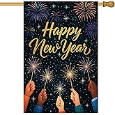 HOMETITUTE Happy New Year House Flag 28x40 Inch Fireworks and Sparkler Hands Garden Flag Outdoor Yard Decoration Holiday Celebration Banner for Home Porch Lawn