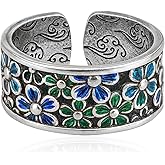 Teppdfann Silver Flower Band Ring for Women - Vintage Adjustable Open Ring with Colorful Floral Design, Bohemian Jewelry for Gift
