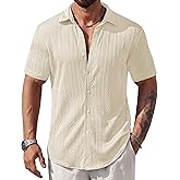 VOGSTART Mens Summer Textured Shirts Short Sleeve Casual Button Down Shirt Beach Vacation Tops (S-XXL)