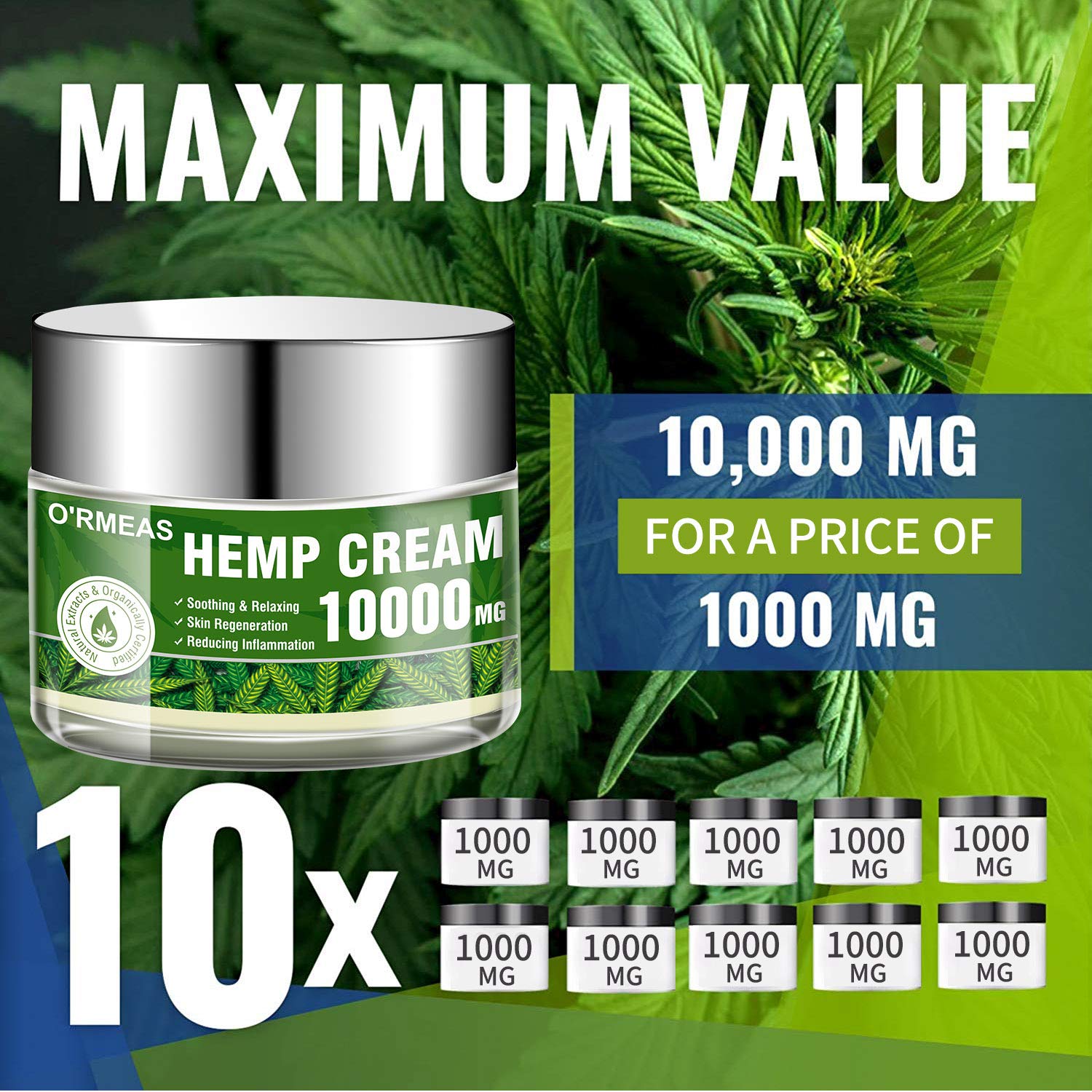 Hemp Cream for Pain Relief - Hemp Oil Extract & Hemp Cream Complex 10000 MG/ 4 oz- Emu Oil,Aloe Vera,Menthol,Rosemary oil ,Good for Muscle, Back, Knee Pain