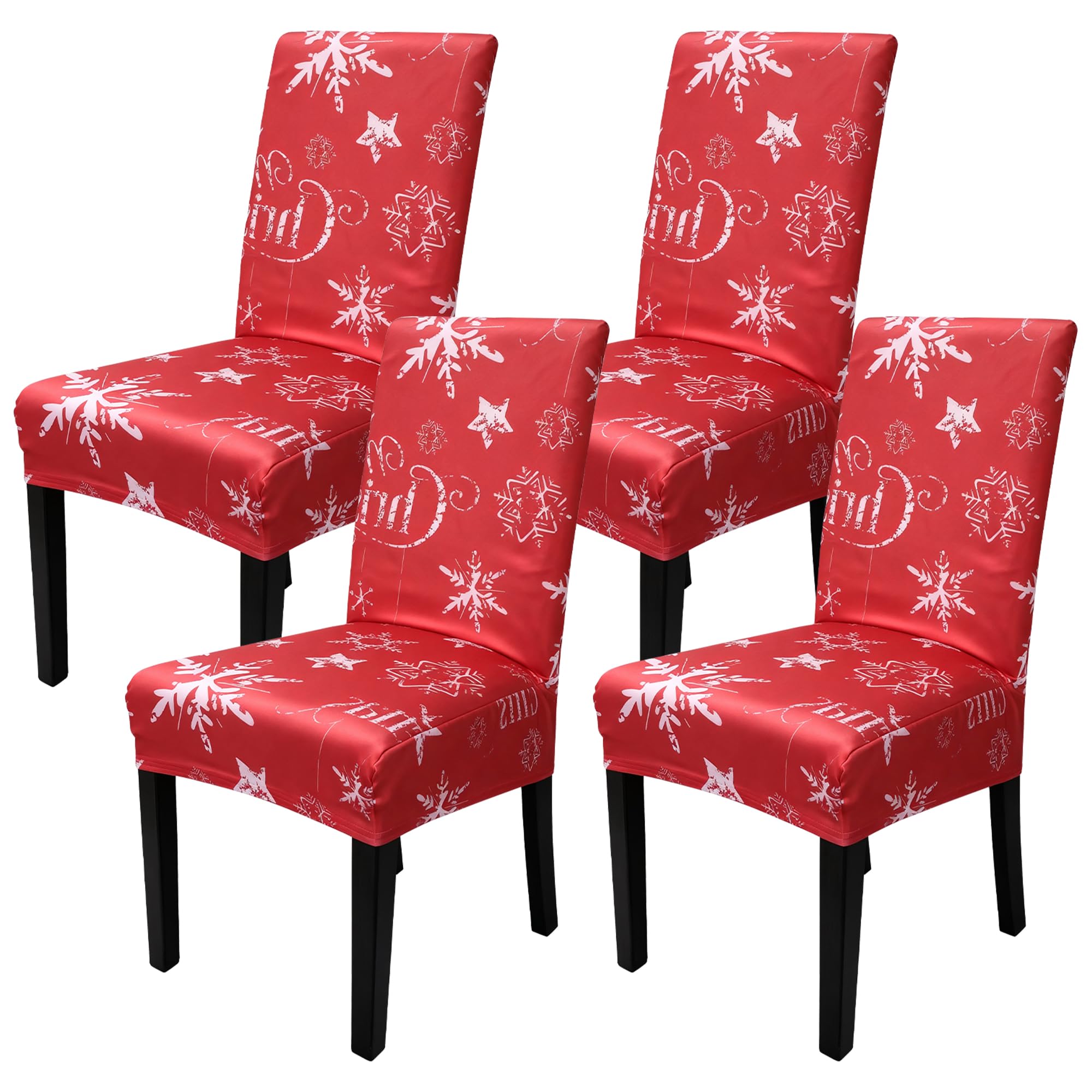 Printed High-Back Chair Covers for Dining Room Chairs Spandex Stretch, Universal Armless Chair Protective Slipcover for Kitchen, Wedding, Party, Banquet & Hotel, Star & Snowflakes - Red, Pack of 4