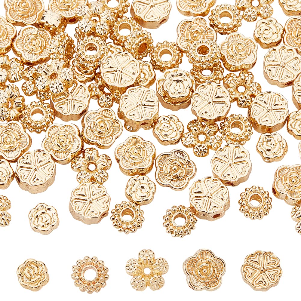 DICOSMETIC 80Pcs 5 Styles Flower Spacer Beads 14K Gold Plated Alloy Beads Blossom Flower Tiny Loose Charm Beads Flat Round Beads for Jewelry Making DIY Necklaces Bracelets, Hole: 1~2.1mm