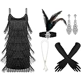 Zhanmai 6 Pcs Flapper Dress Flapper Costumes for Women 1920s Accessories Set Headband Pearl Necklace Earrings Gloves Stick