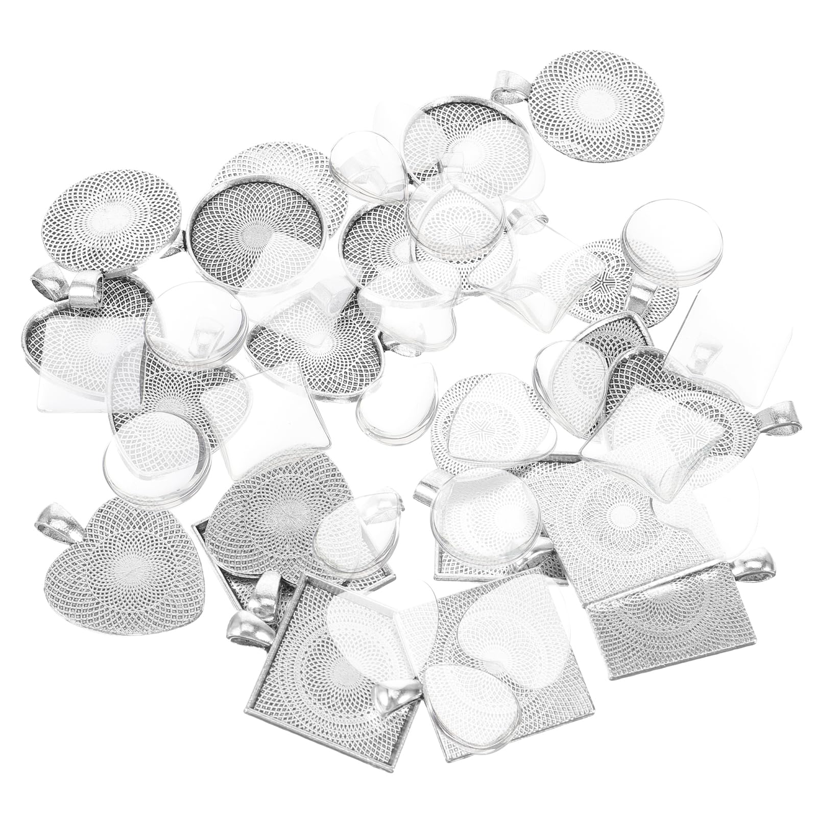 HEALLILY Gem Tray Set 48Pcs Silver Pendant Bezel Trays with Dome Glass Cabochons for Jewellery Making DIY Craft Accessories