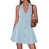 PRETTYGARDEN Summer Cocktail Dresses for Women Short 2026 Spring Halter V Neck Beach Party Backless A Line Mini Dress